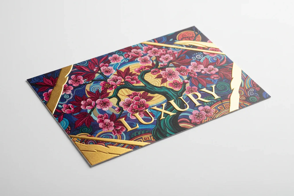 Luxury floral design card with gold accents and cherry blossoms