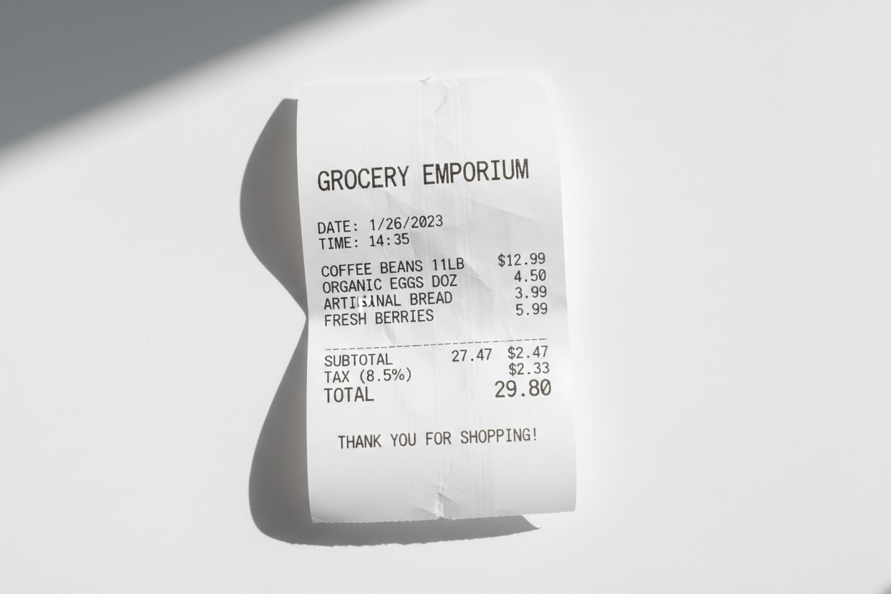 a printed receipt on thermal paper on a white background