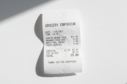 a printed receipt on thermal paper on a white background