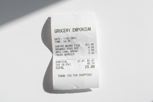 a printed receipt on thermal paper on a white background