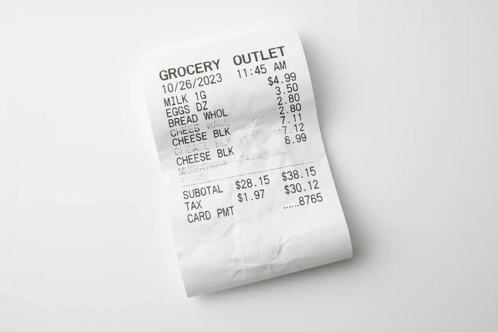 Thermal paper printed receipt on white background, grocery purchase details visible