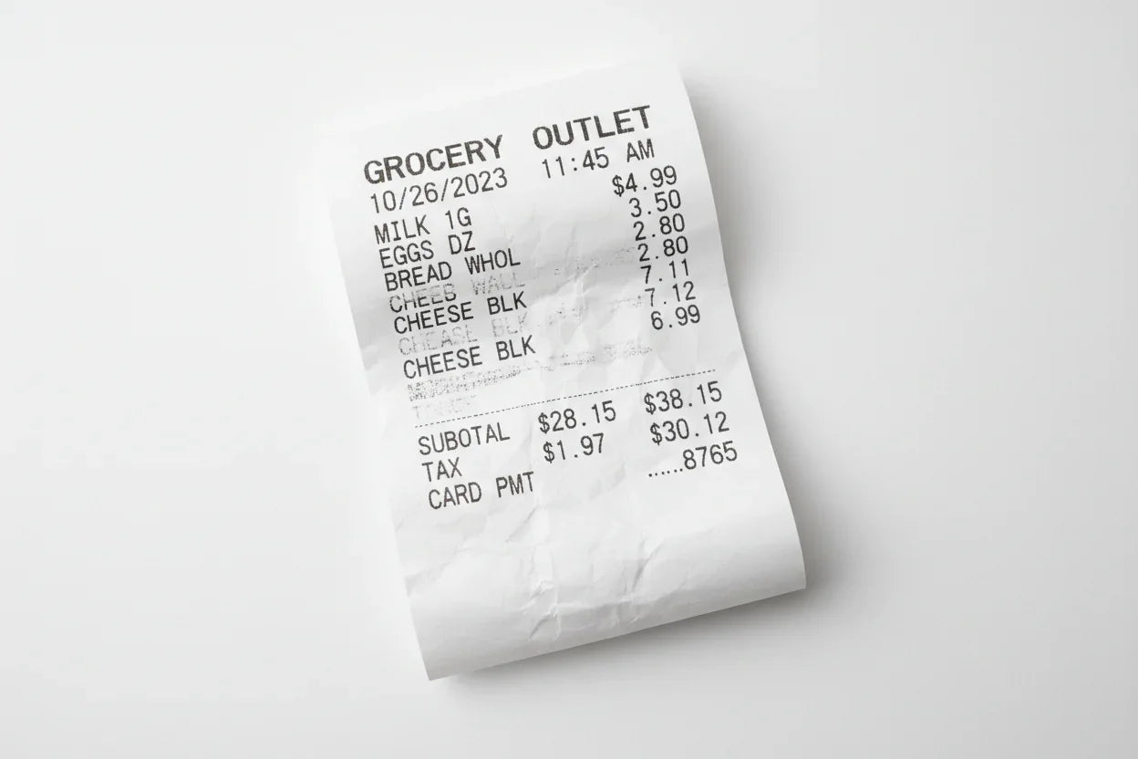 Thermal paper printed receipt on white background, grocery purchase details visible
