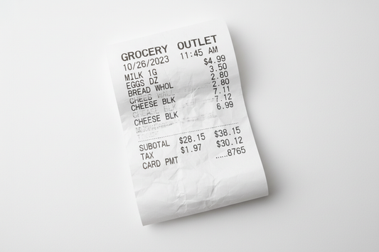 a printed receipt on thermal paper on a white background