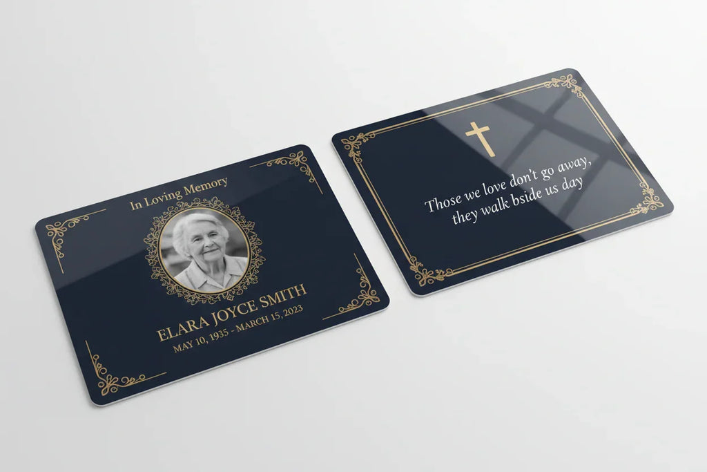 Custom memorial card with photo, gold frame, and tribute text for funeral remembrance