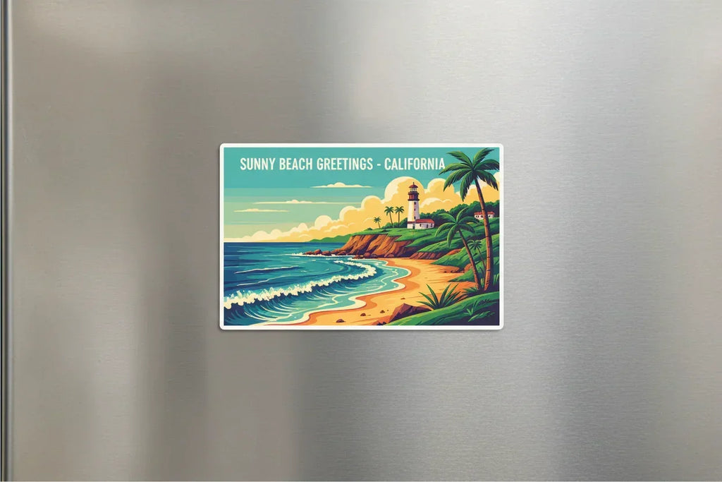 Sunny Beach Greetings California magnet with lighthouse, palm trees, and ocean waves on fridge