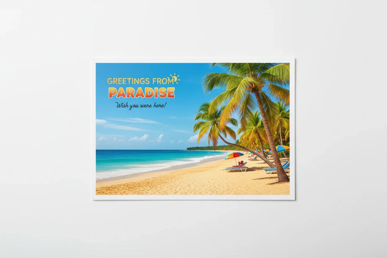 Tropical beach postcard with palm trees, colorful umbrellas, and 'Greetings from Paradise' text.