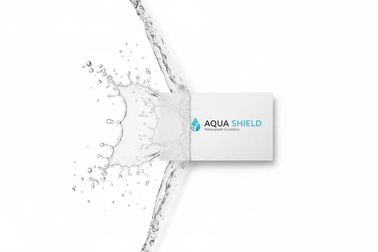 Rectangular waterproof business card with water splashing on a white background