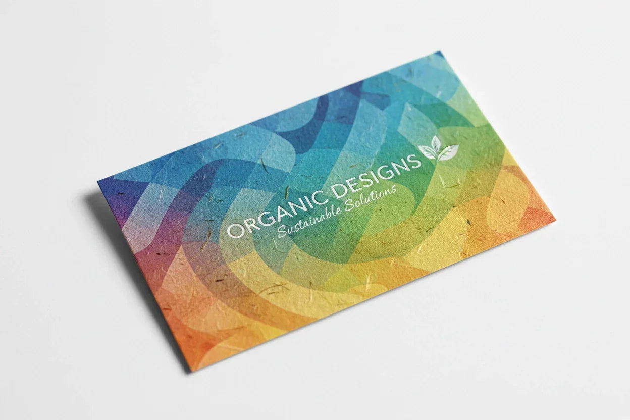 Color business card on bamboo textured stock with organic design and sustainable branding