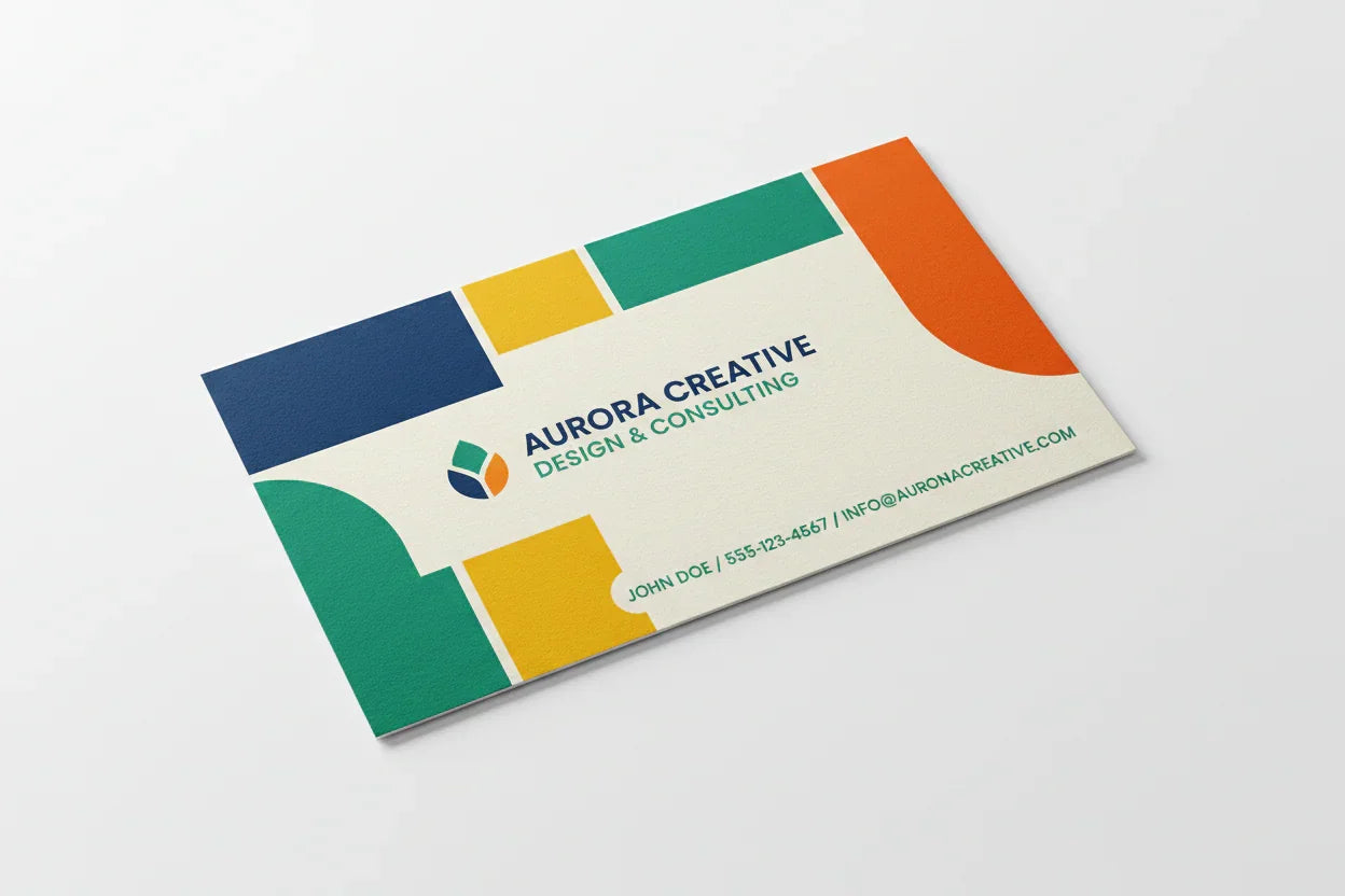 Colorful business card on writable cardstock, displayed on a white background
