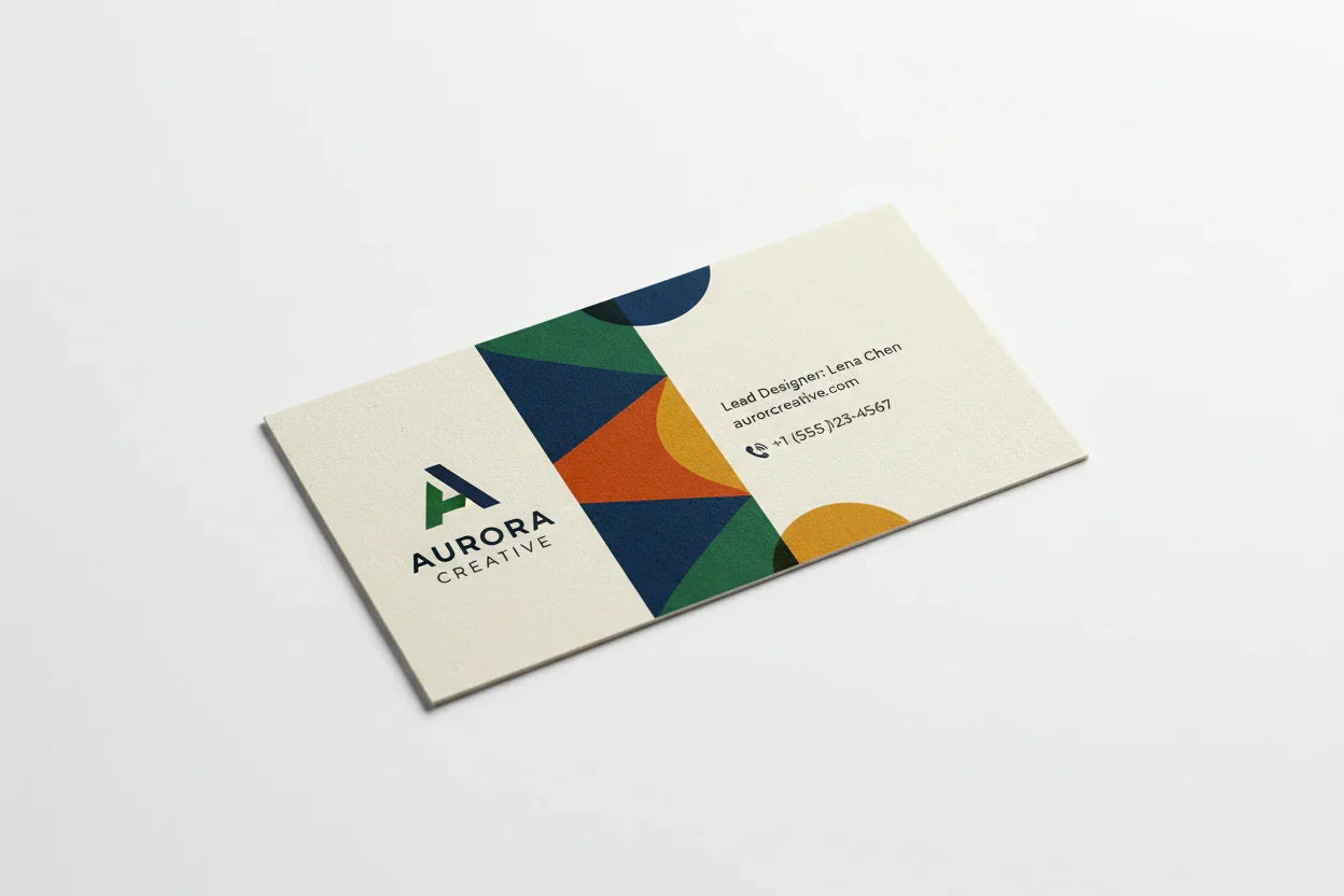 Color printed business card on uncoated stock with geometric design on white background
