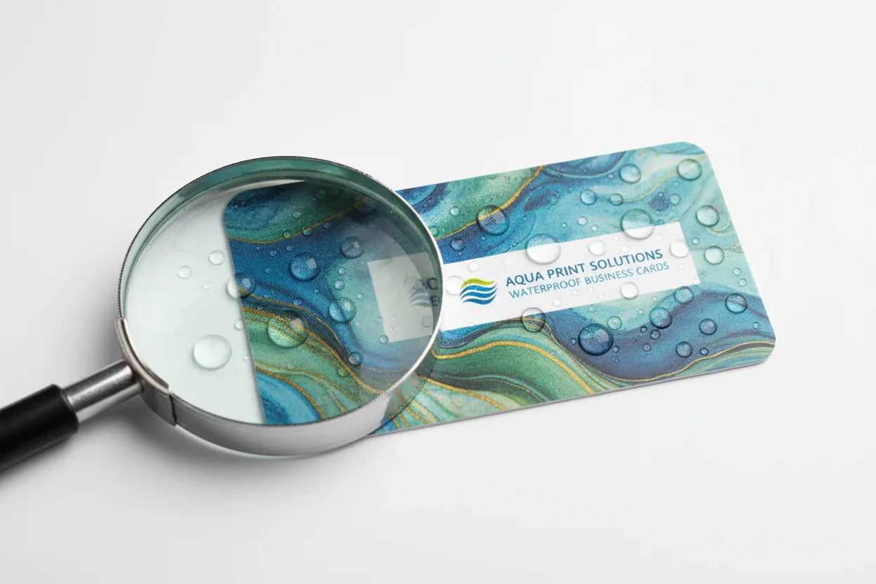 Waterproof synthetic business card with rounded corners, water droplets, and magnifier