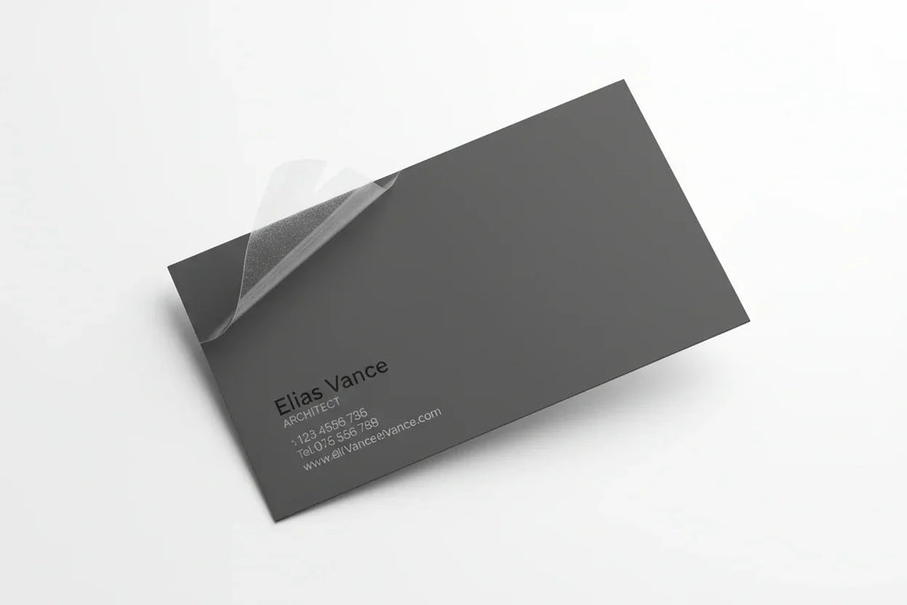 Black business card with clear lamination peeling off on white background