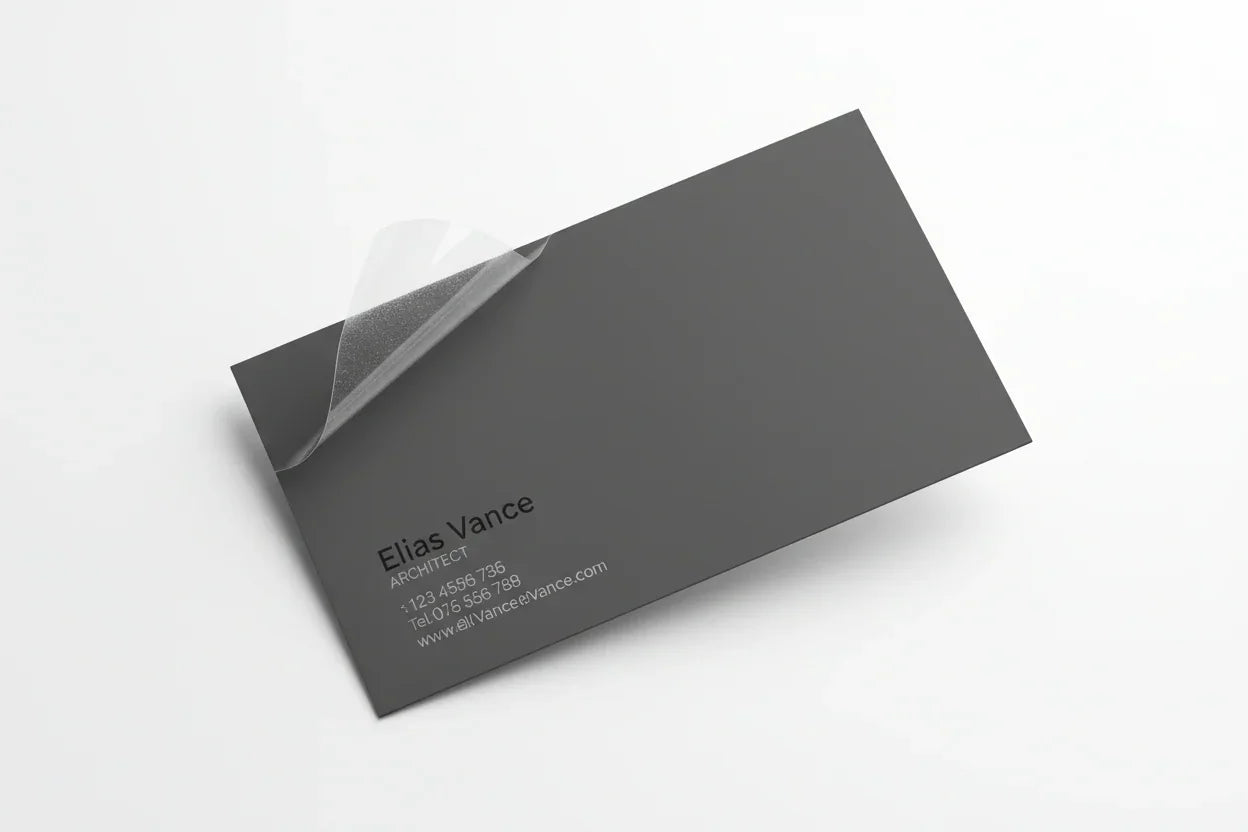 Black business card with clear lamination peeling off on white background
