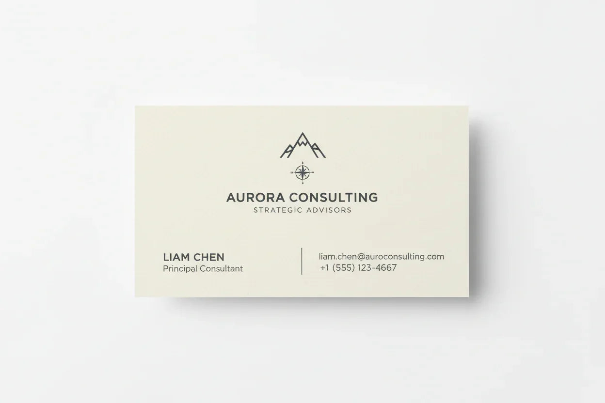 Single-color business card on matte cardstock with minimalist text and mountain logo on white background