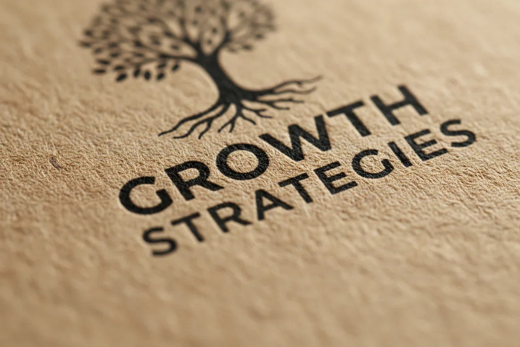 Close-up of a kraft business card with black tree design and bold printed text details.