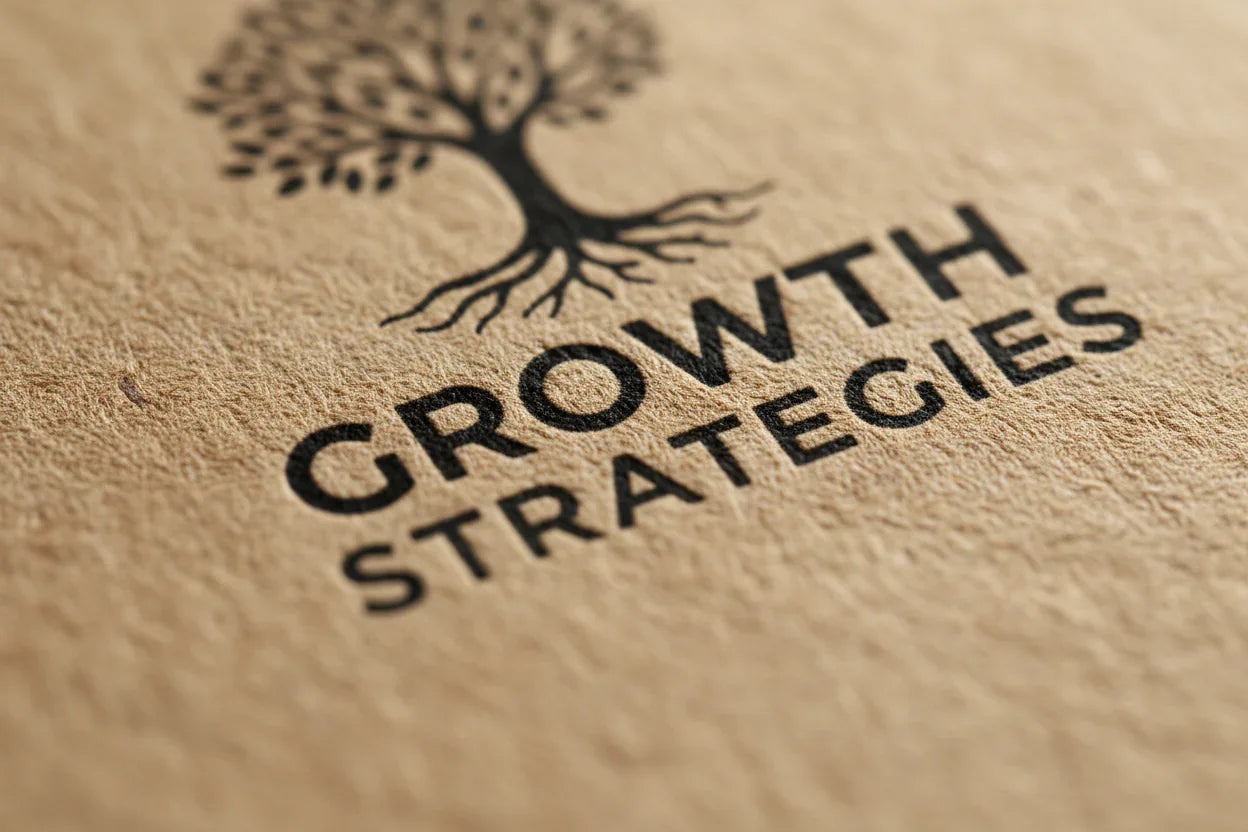 Close-up of a kraft business card with black tree design and bold printed text details.