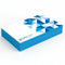 Stack of thick rectangular business cards with blue painted edges and geometric blue design on white background