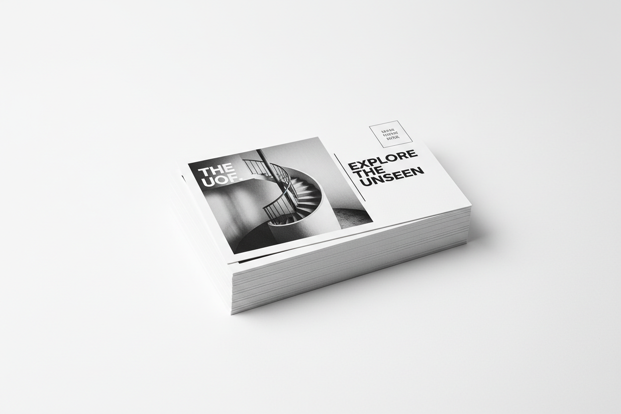 a stack of 4x6 postcards in printed in black and white on cardstock on a white background