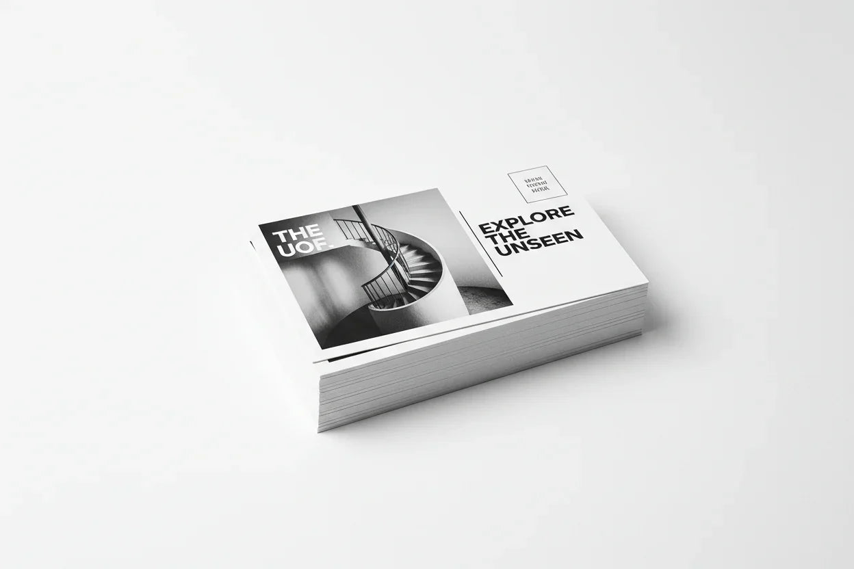 Stack of 4x6 black and white printed postcards on white background