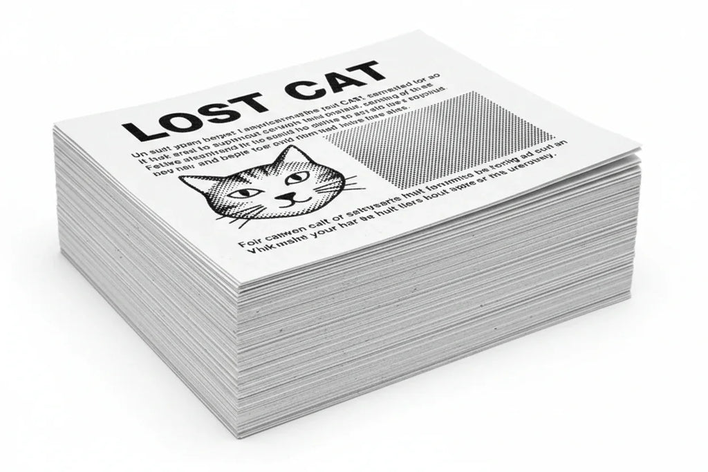 Stack of black and white custom print flyers on white background, featuring cat illustration.
