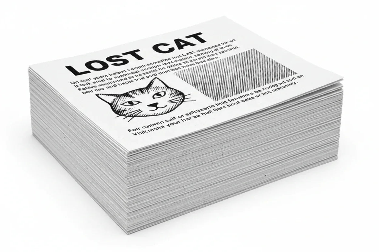 Stack of black and white custom print flyers on white background, featuring cat illustration.
