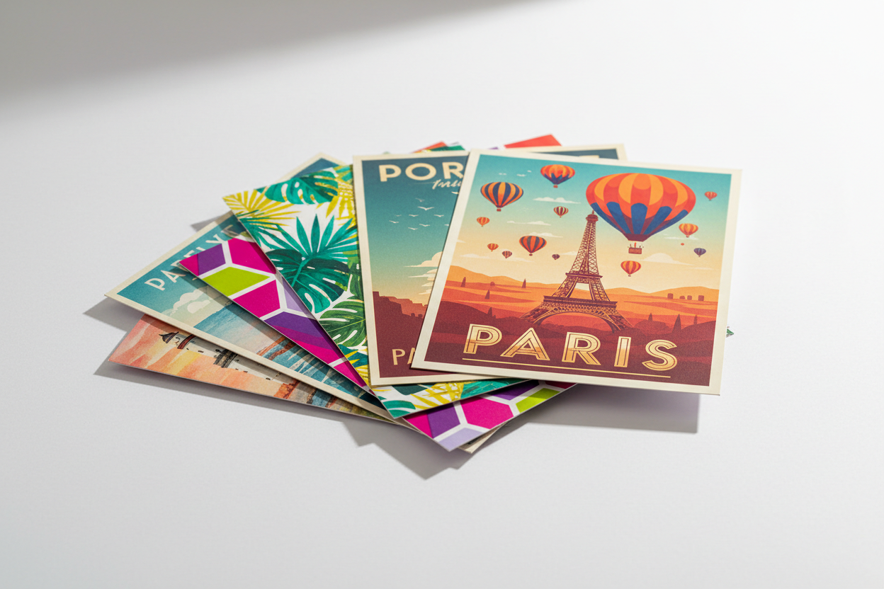 a stack of color postcards printed on cardstock against a white background