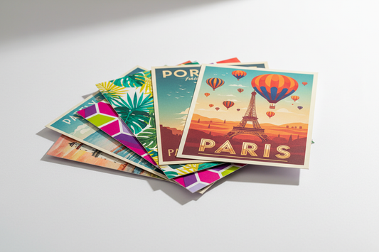 a stack of color postcards printed on cardstock against a white background