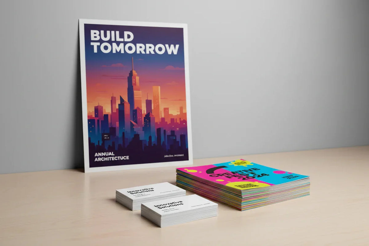 Stack of custom printed business cards, colorful flyers, and an event poster on a desk