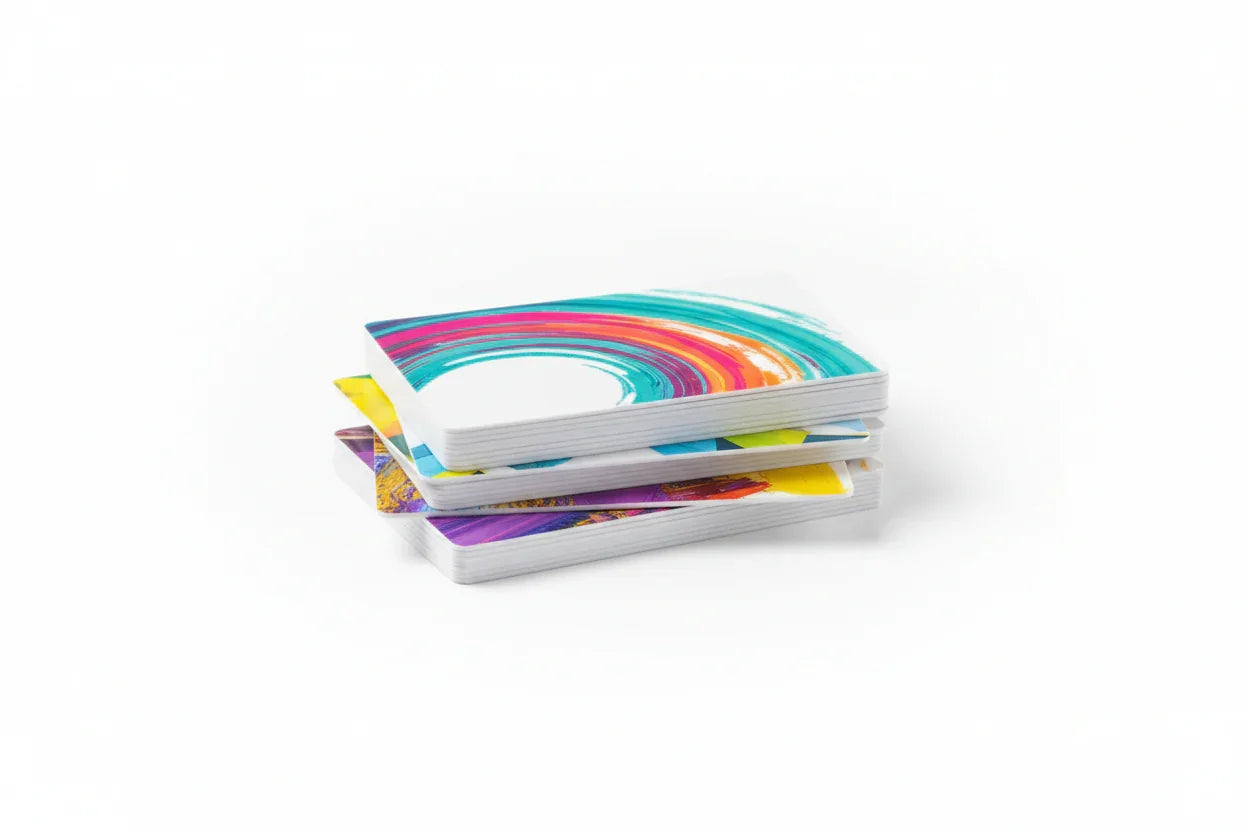 Stack of white PVC plastic business cards with vibrant color printing on white background
