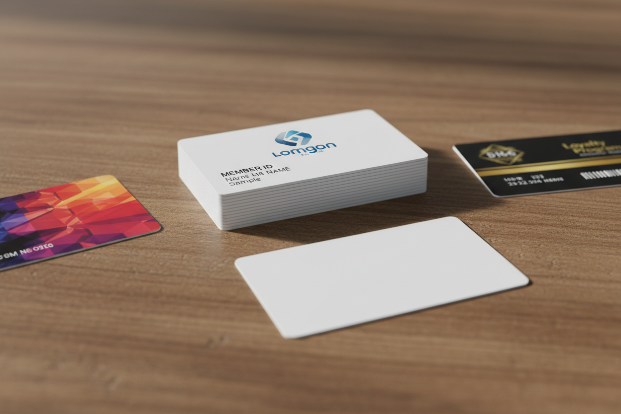 A stack of printed PVC Cards along with several individual cards spread along a wooden work desk