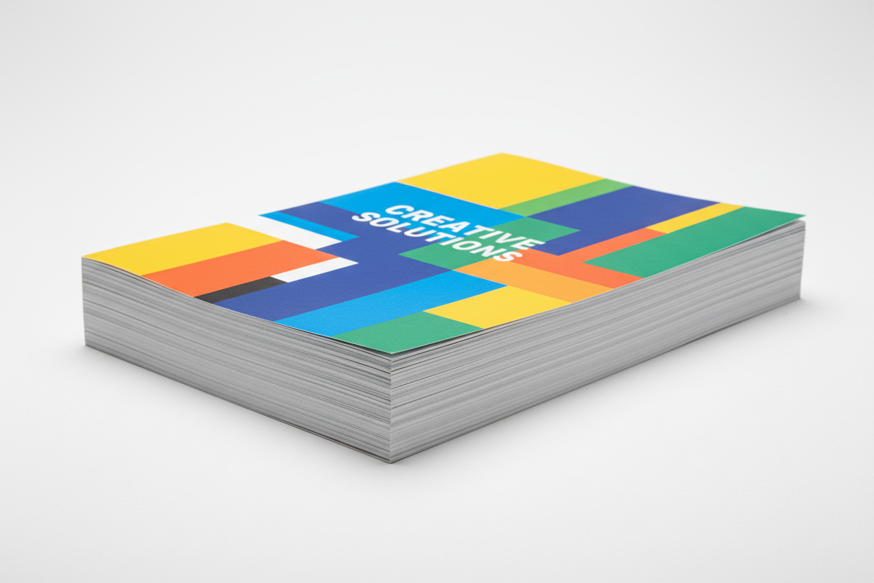 a stack of single page color flyers on a white background