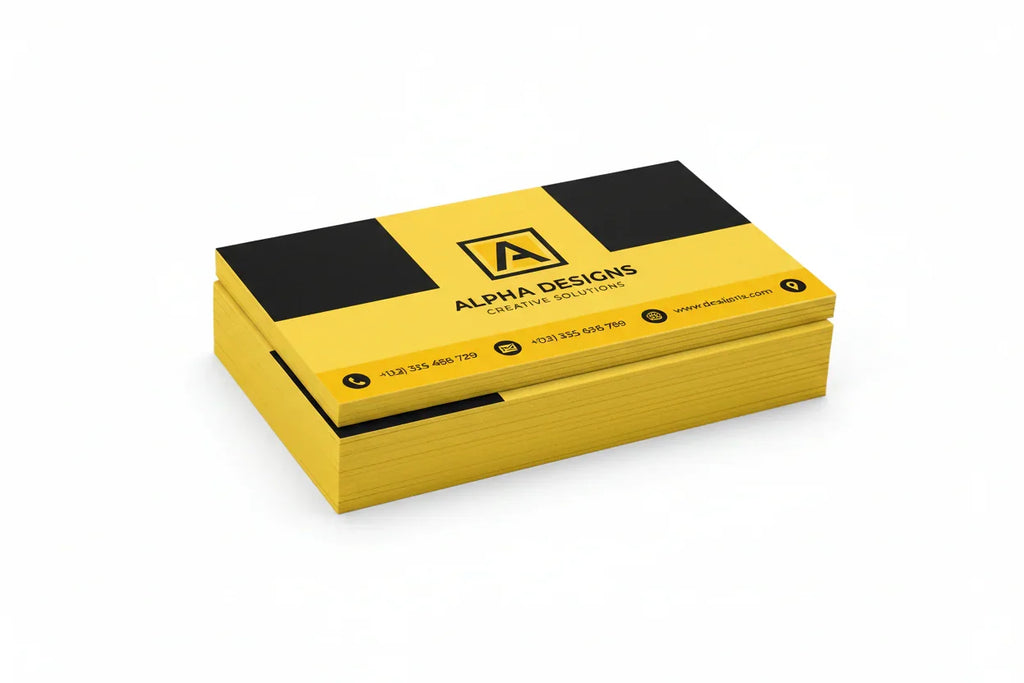 Stack of yellow and black business cards with colored edges on white background