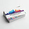 Stack of colorful matte business cards on white background, printed on 16-point cardstock