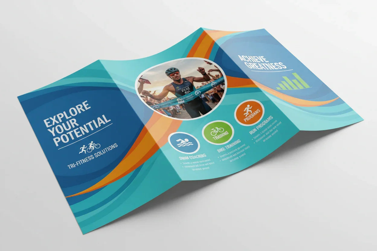 Color tri-fold brochure with fitness-themed graphics and bold blue, orange, and green design