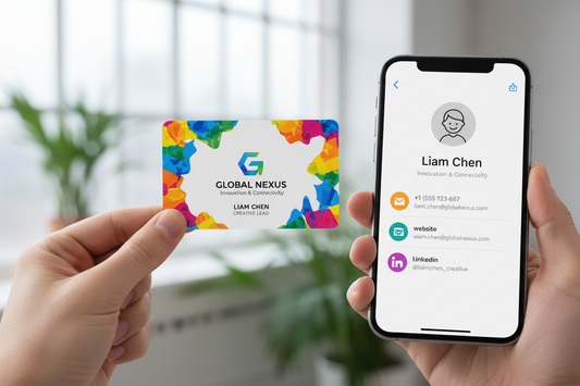 a white plastic business card with color printing held up to a smartphone with contact details loaded on the screen