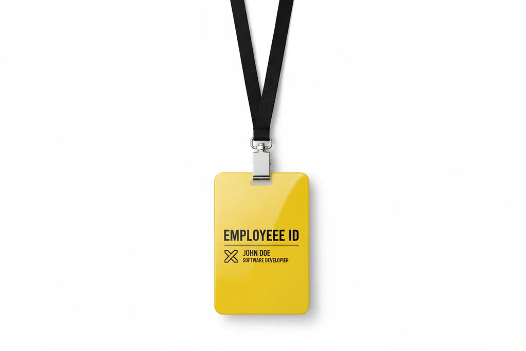 Yellow plastic employee ID badge with black print on black lanyard and metal clasp