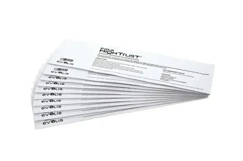 Stack of Evolis High Trust printer cleaning cards for ID card printer maintenance
