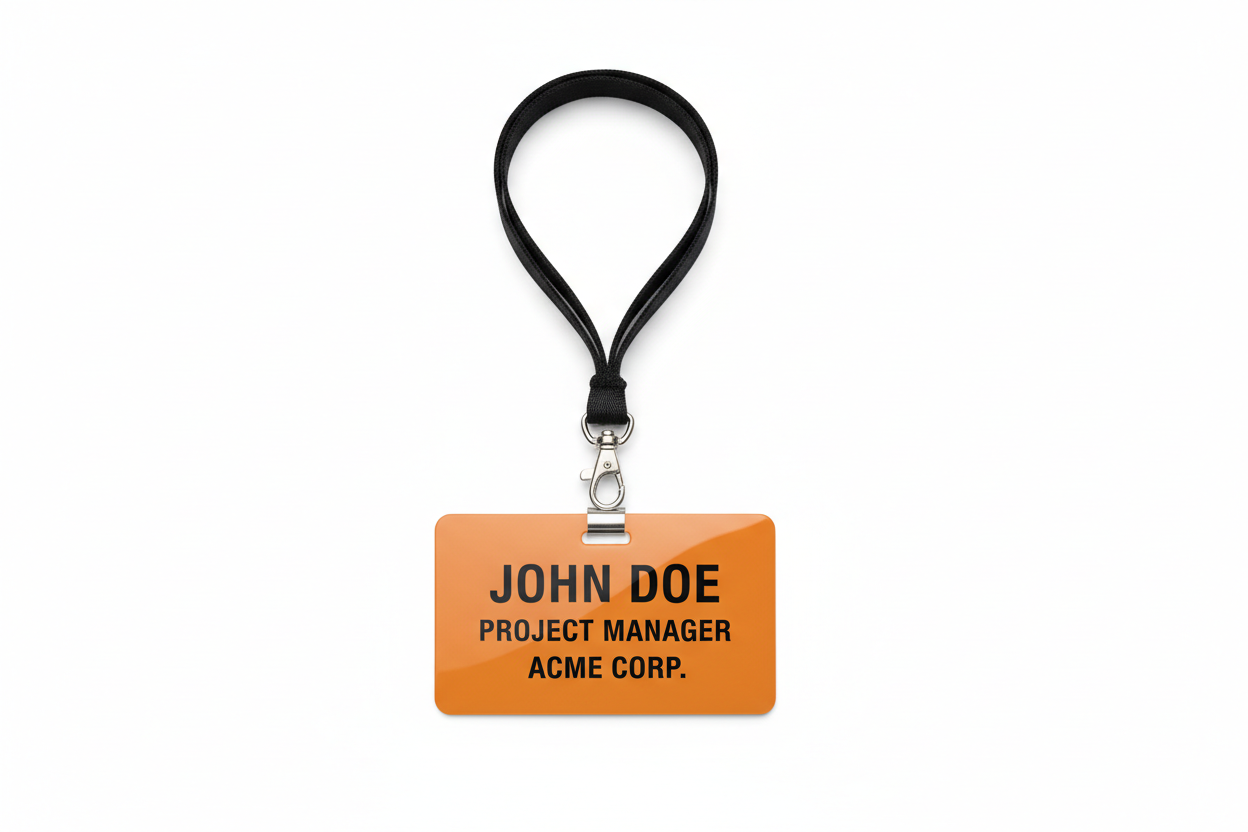 an orange pvc name badge with black printing attached to a standard black lanyard with a metal clasp