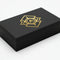 Stack of black business cards with metallic gold foil geometric design on thick stock