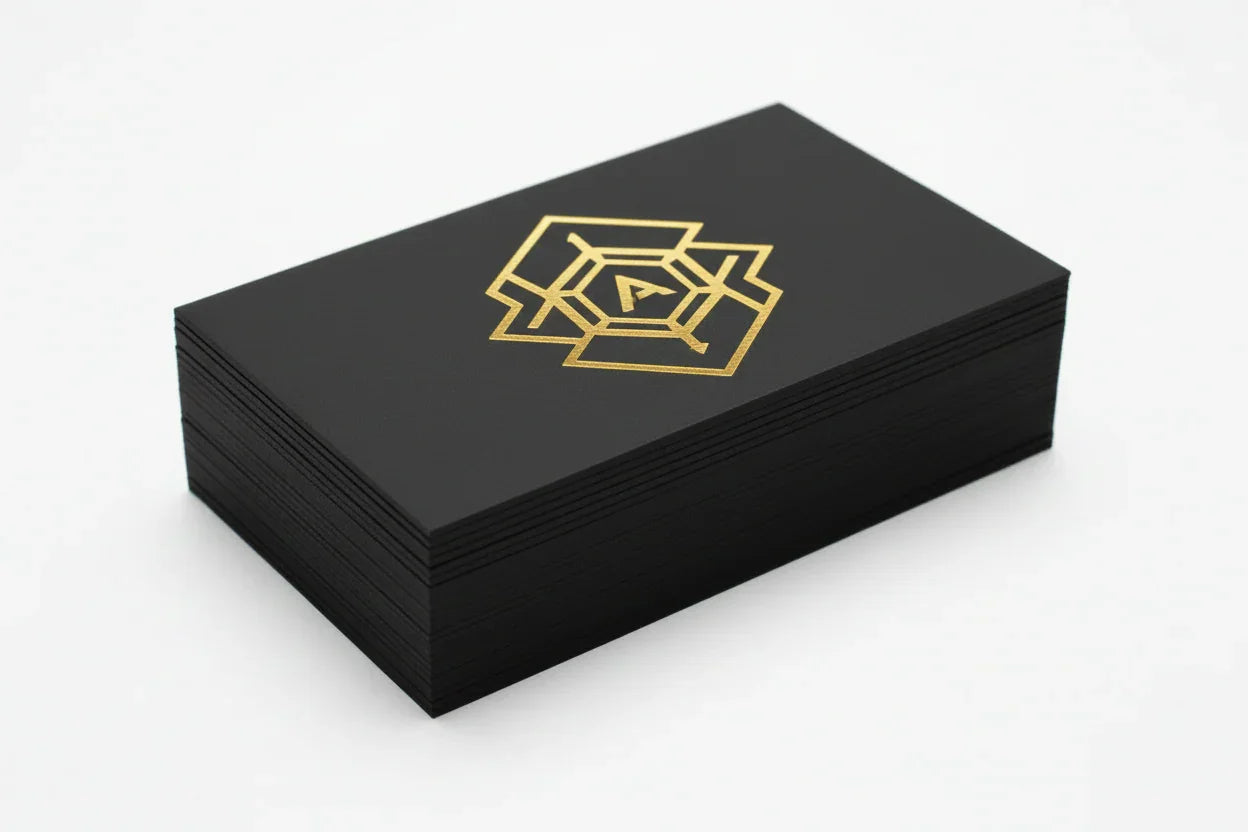 Stack of black business cards with metallic gold foil geometric design on thick stock