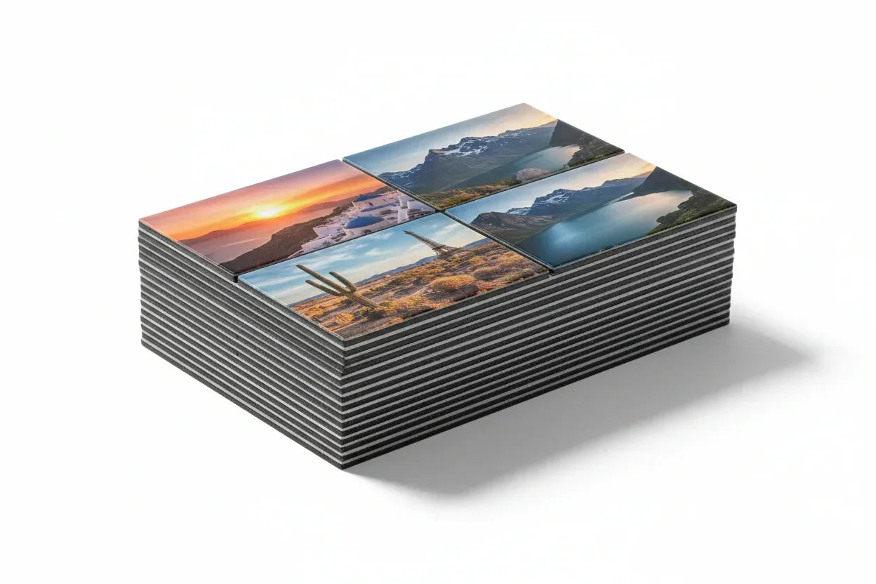 Stack of custom magnet prints featuring scenic landscapes and travel destinations, perfect for home decor or gifts.