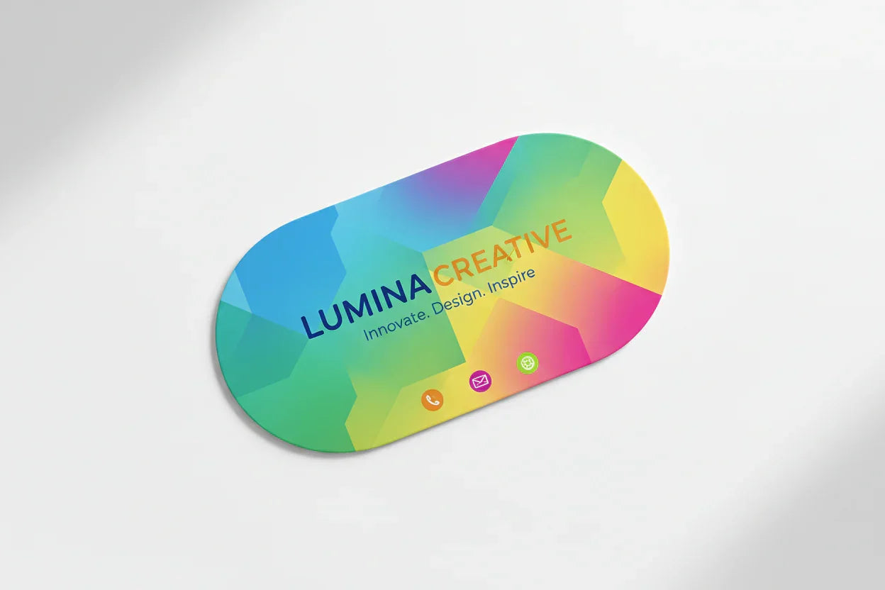 Colorful oval business card with geometric pattern on white background, modern design