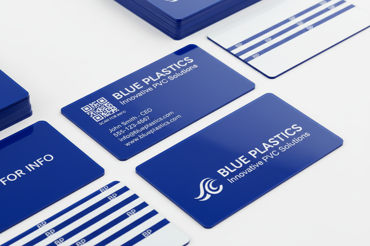 blue pvc business cards with white printing on a white background