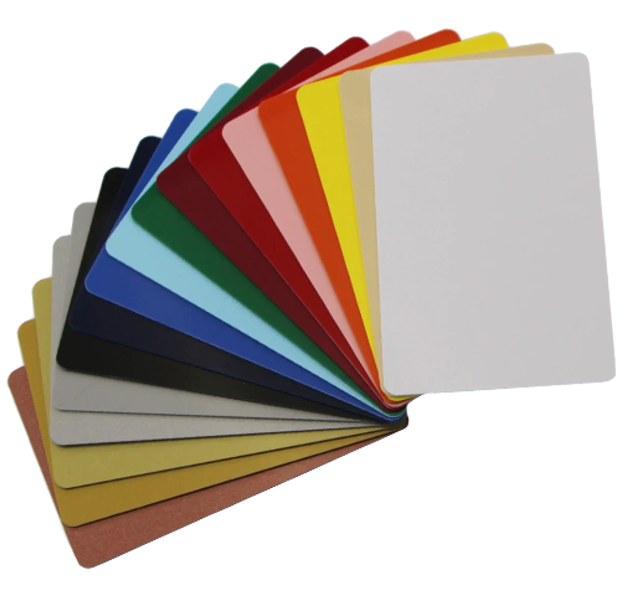 Assorted blank plastic ID cards in various colors fanned out on a white background.