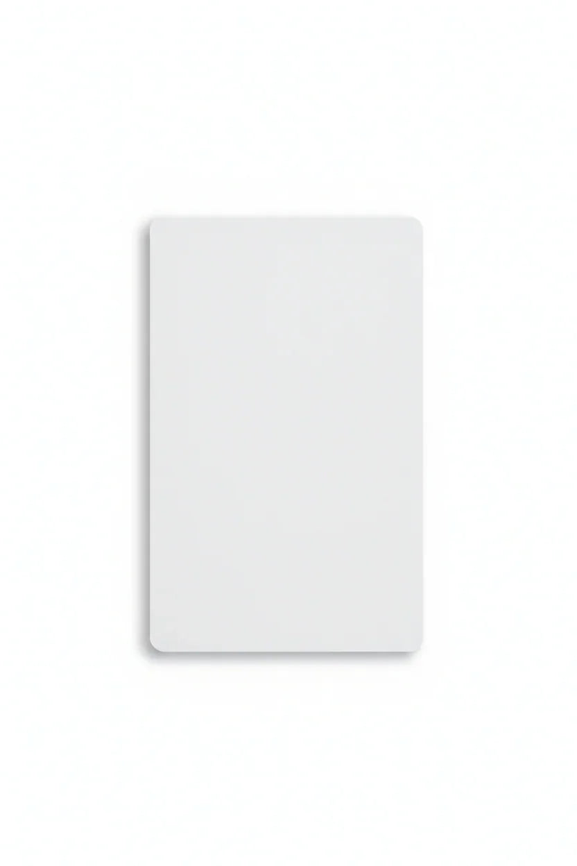 Blank white plastic card, credit card size, with rounded corners on white background