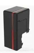 Black plastic input hopper for ID card printer with a red vertical stripe, isolated on white