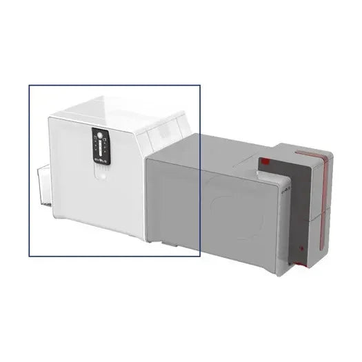 Evolis card printer module accessory for ID card printing, shown in white and grey.