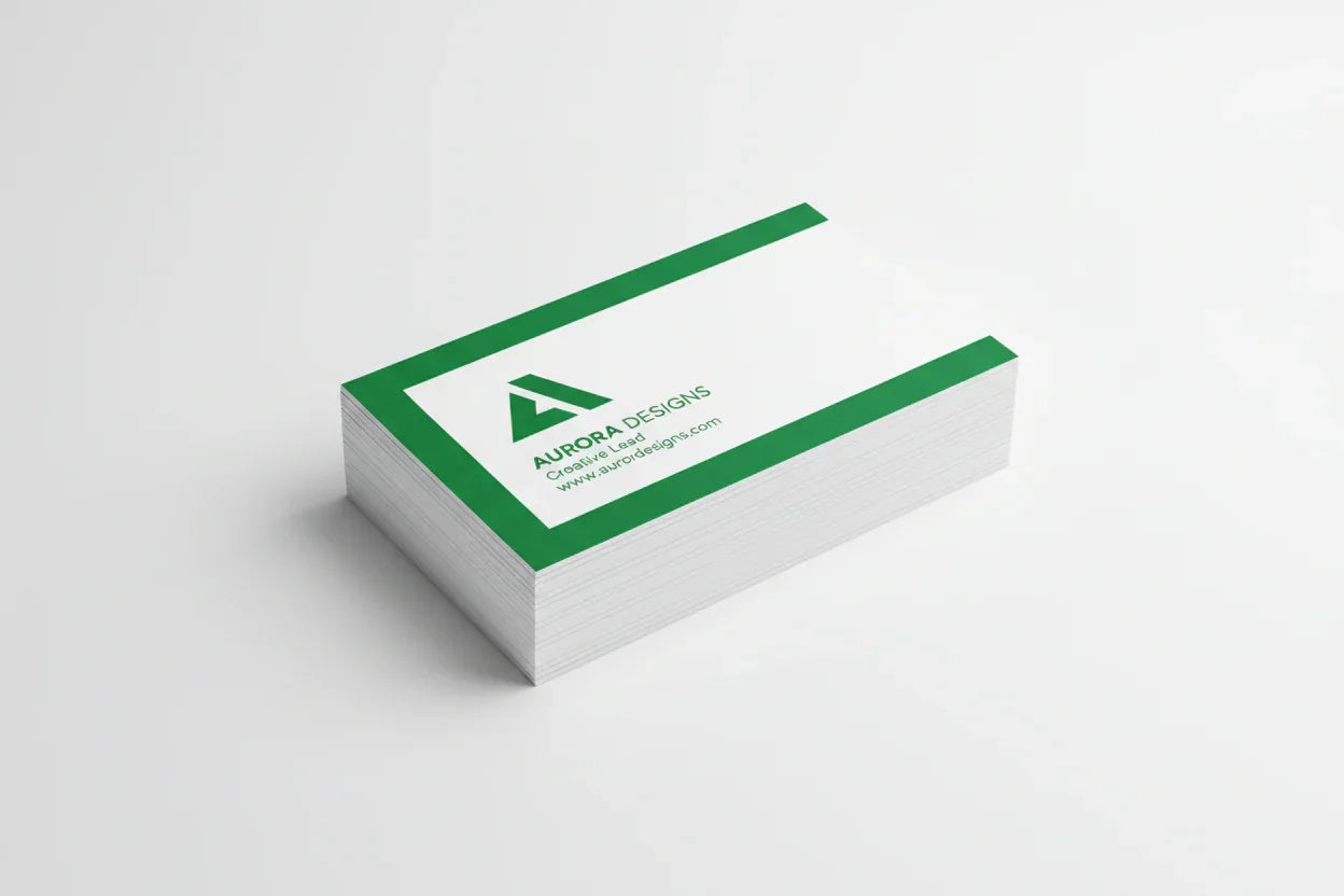Stack of rectangular business cards with green and white print on a white background