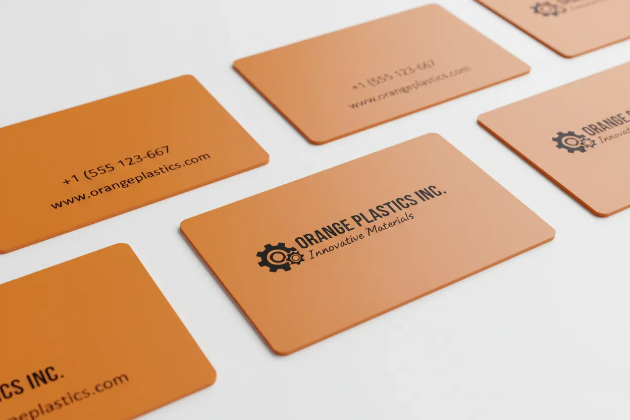 Opaque orange plastic business cards with black text on white background
