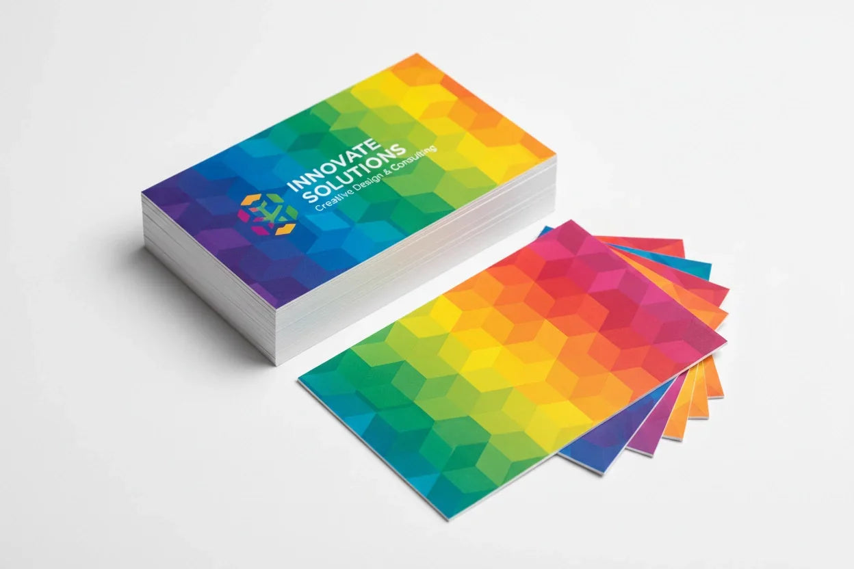 Stack of colorful custom paper business cards with geometric print on white background